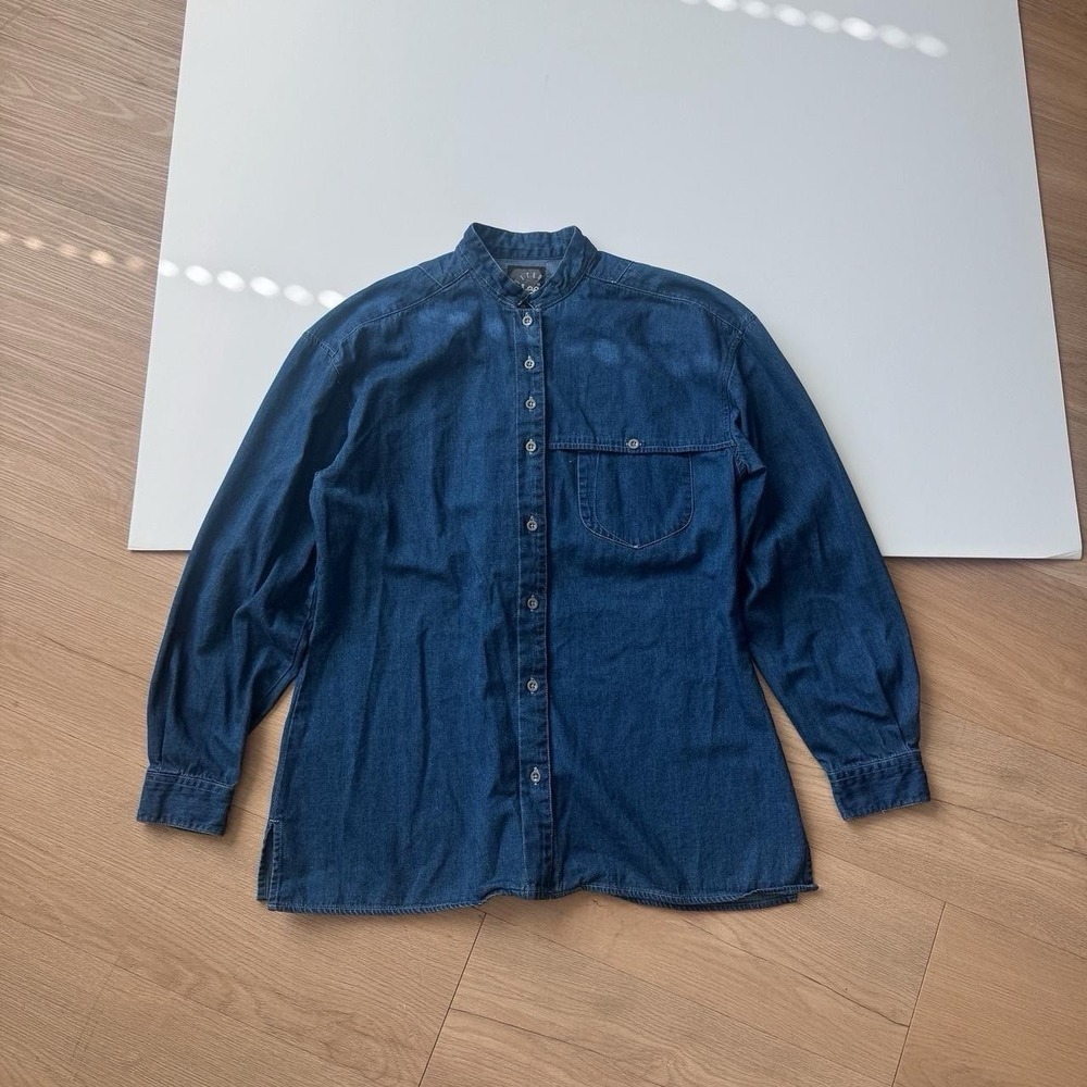Lee Riveted Denim Shirt Button Up Medium 90s Cotton Collarless Long Sleeve